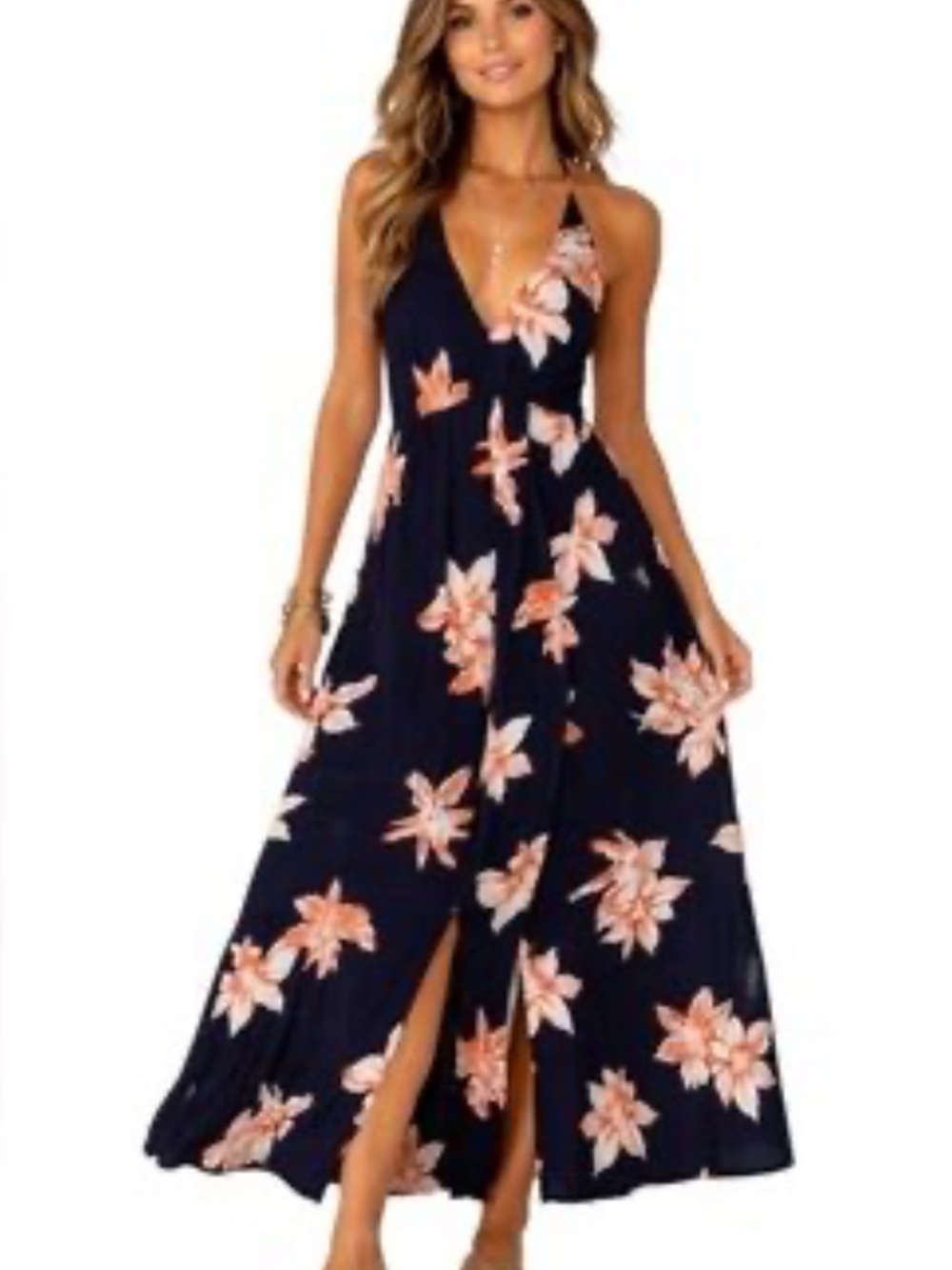 Simplee Dress Navy Floral Halter Top Deep V-Neck-High Side Slit Size 21”Waist